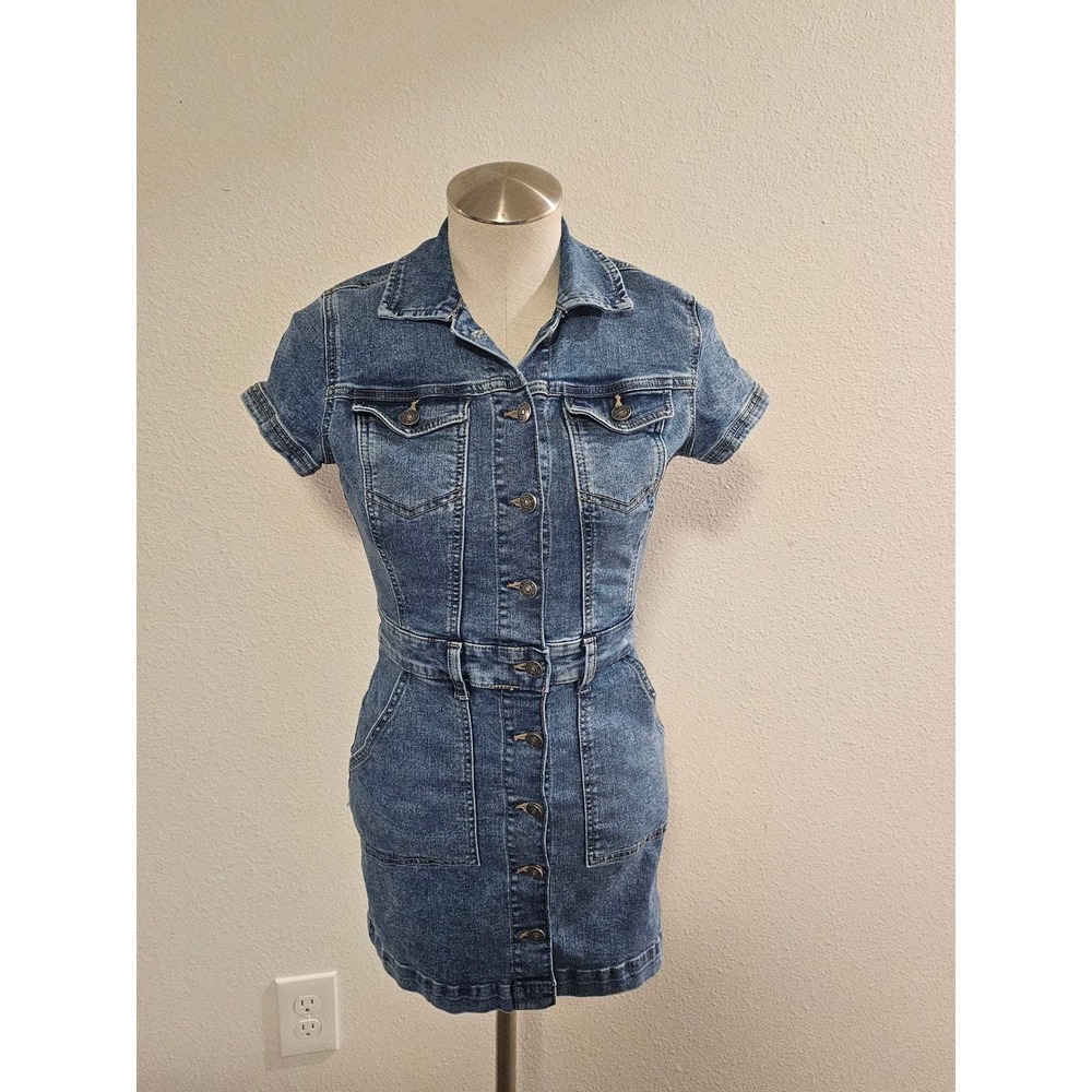 Rewash Peace Love Eco Denim Mini Dress Womens XS Blue Short Sleeve Button Front